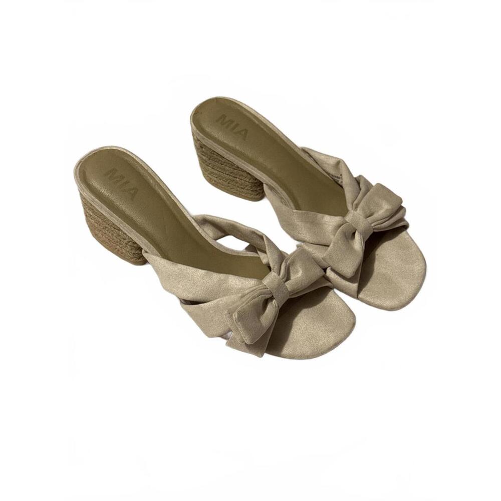 MIA Beige Block Heel Sandals with Bow Accent